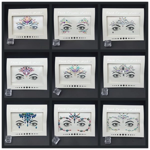 Detailed grid view of diverse crystal face stickers in colorful and silver resin designs