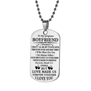 Silver stainless steel dog tag necklace with engraved romantic message for boyfriend