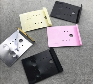 Five metallic jewelry display cards in gold black pink and silver for earring packaging
