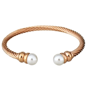 Rose gold twisted cable cuff bracelet featuring two white pearls on a clean white background