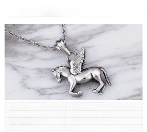 Detailed view of a stainless steel Pegasus pendant with specifications and dimensions