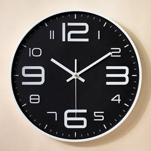 Modern 12-inch round wall clock with black dial and white numbers for home living room decor