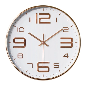 Modern 14-inch silent wall clock with rose gold 3D numbers and metallic frame