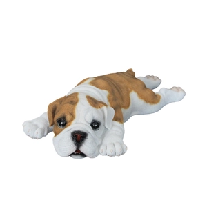Lifelike resin English Bulldog statue in brown and white spots, resting pose home decor