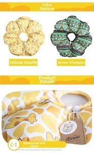 Detail of waterproof soft fabric pet cone with adjustable drawstring and giraffe pattern