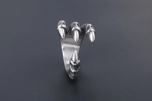 Macro detail of silver dragon claw ring showing the brushed metal texture and punk style