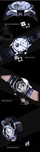 Detailed views of automatic mechanical watch with transparent back and leather strap