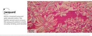 Detailed view of bohemian jacquard fabric with bright rose red and gold flower patterns