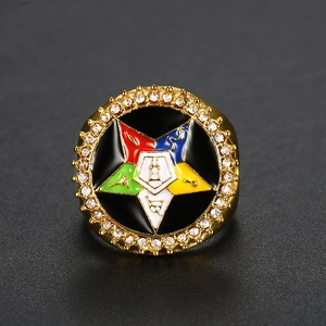 Gold stainless steel Masonic Eastern Star ring with colorful enamel and crystals