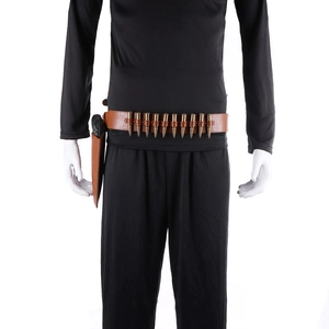 Detail view of brown leather cowboy belt with gold bullets and integrated holster