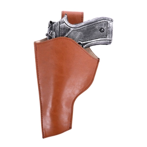 Close-up of vintage brown leather holster with a weathered silver prop revolver inside