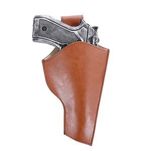 Close-up of brown faux leather holster with vintage silver prop revolver for cosplay