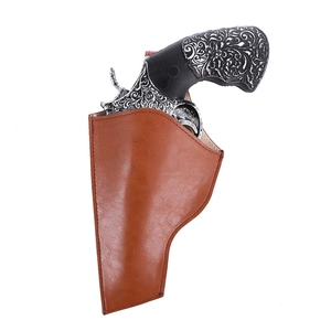 Detail showing brown leather holster with vintage silver engraved revolver prop
