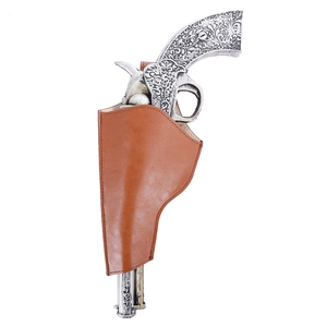 Detail of vintage cowboy holster in brown leather with engraved silver revolver gun
