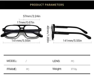Detailed size guide for square frame glasses with dimensions and material specs