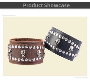 Detail of punk leather bracelets with metal skull studs and rivets in black and brown