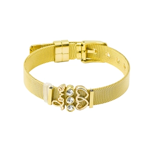 Pulsera de malla de acero dorado con dijes de corazón Love y detalles de strass
