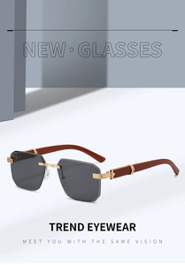 Detail of rimless square sunglasses with grey lenses and luxury wood temples