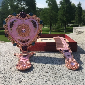 Vintage Herzspiegel und Kamm Set in Roségold mit Emailleblumen und rosa Edelsteinen