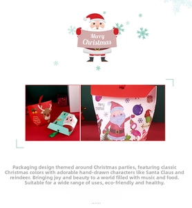 Detailed view of colorful Christmas gift boxes with reindeer and Santa designs and ribbon handles