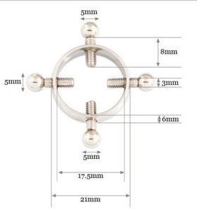 Detail view of non-piercing stainless steel nipple ring showing adjustable size dimensions