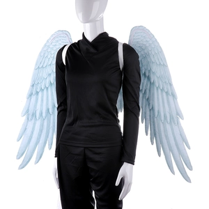 Detailed view of light blue angel wings with adjustable shoulder straps for costumes