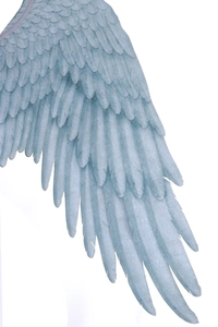 Detailed macro view showing the layered texture of light blue feather wings costume prop