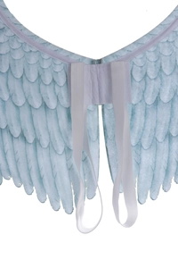 Detail of light blue angel wings showing texture and white elastic back straps