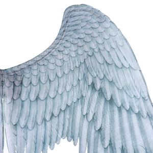 Close-up of layered feather texture on light blue and white gradient angel wings
