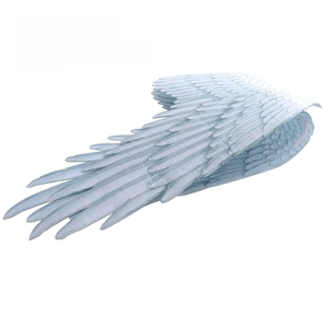 Detailed view of foldable white feather wings with built-in wire for flexible posing