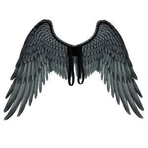 Detailed view of black faux feather angel wings with elastic straps for costume events