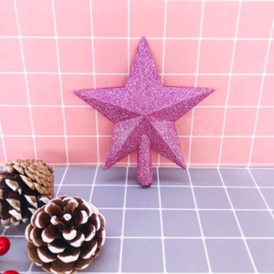 Detail of pink glitter 3D star tree topper with cylindrical base and pinecone decor