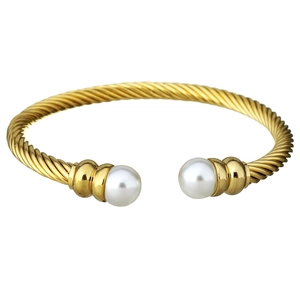 Golden stainless steel twisted open bangle featuring two elegant white pearls for women