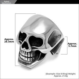 Detailed dimensions of a stainless steel skull ring showing 28.3mm height and 5.7mm width