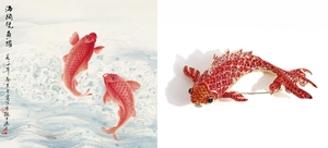 Detailed close-up of a red koi fish brooch with rhinestones on a gold-plated base
