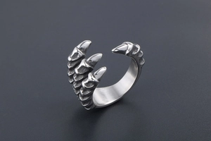 Detailed macro view of retro dragon claw ring showing matte steel texture and sharp tips