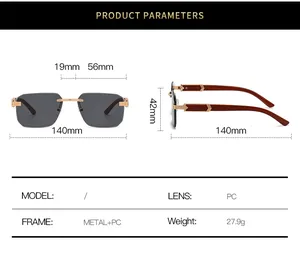 Detailed size guide and measurements for rimless square fashion sunglasses in 140mm width