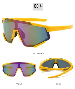 Detailed views of yellow sports sunglasses with purple mirrored lenses for outdoor cycling
