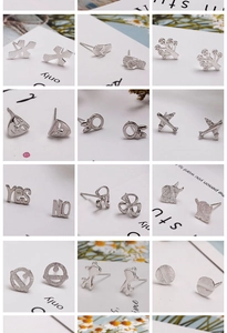 Detailed grid view of diverse 925 silver stud earrings with airplane and elephant motifs