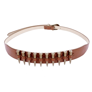 Close-up of brown leather cowboy belt with integrated gold decorative bullet rows