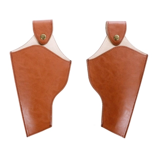 Detail of brown leather cowboy holster with metal snaps and stitching on white background