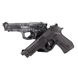 Realistic toy revolvers in matte black and worn silver finishes for western cosplay costumes