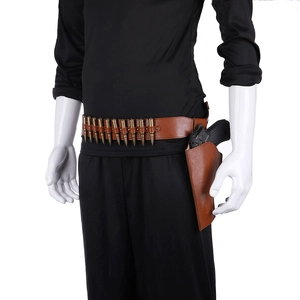 Close-up of brown leather cowboy belt with decorative bullets and holster for cosplay