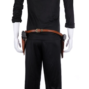 Brown leather dual holster belt with vintage gold buckle and two toy pistols