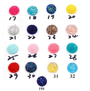 Detailed grid showing 17 colors of 8-12mm druzy resin crystals for DIY jewelry making