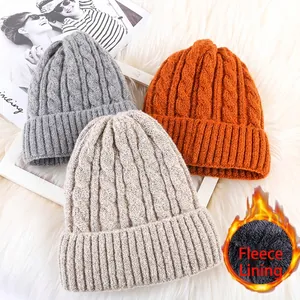 Women Winter Knit Beanie Hat Thick Cable Knit Fleece Lined Warm Windproof Cuffed Solid Color Outdoor