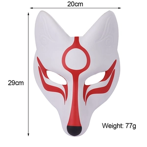 Detailed size specifications of white and red Japanese fox cosplay mask with measurements