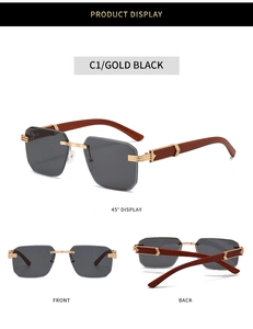 Detailed views of rimless square sunglasses with gold metal accents and wood grain temples