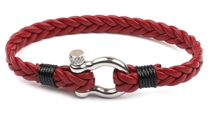 Detail of red multilayer braided leather bracelet with silver U-shaped metal shackle clasp