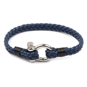 Men's multilayer blue braided leather bracelet with silver U-shaped metal shackle clasp